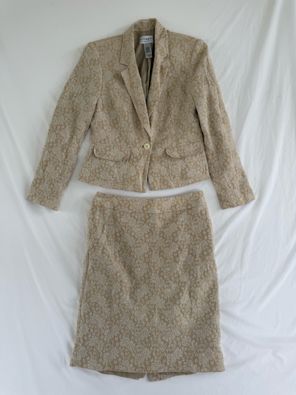 Vintage Beige Floral Linen/Cotton Skirt Suit Set Coastal Cottegecore Preppy